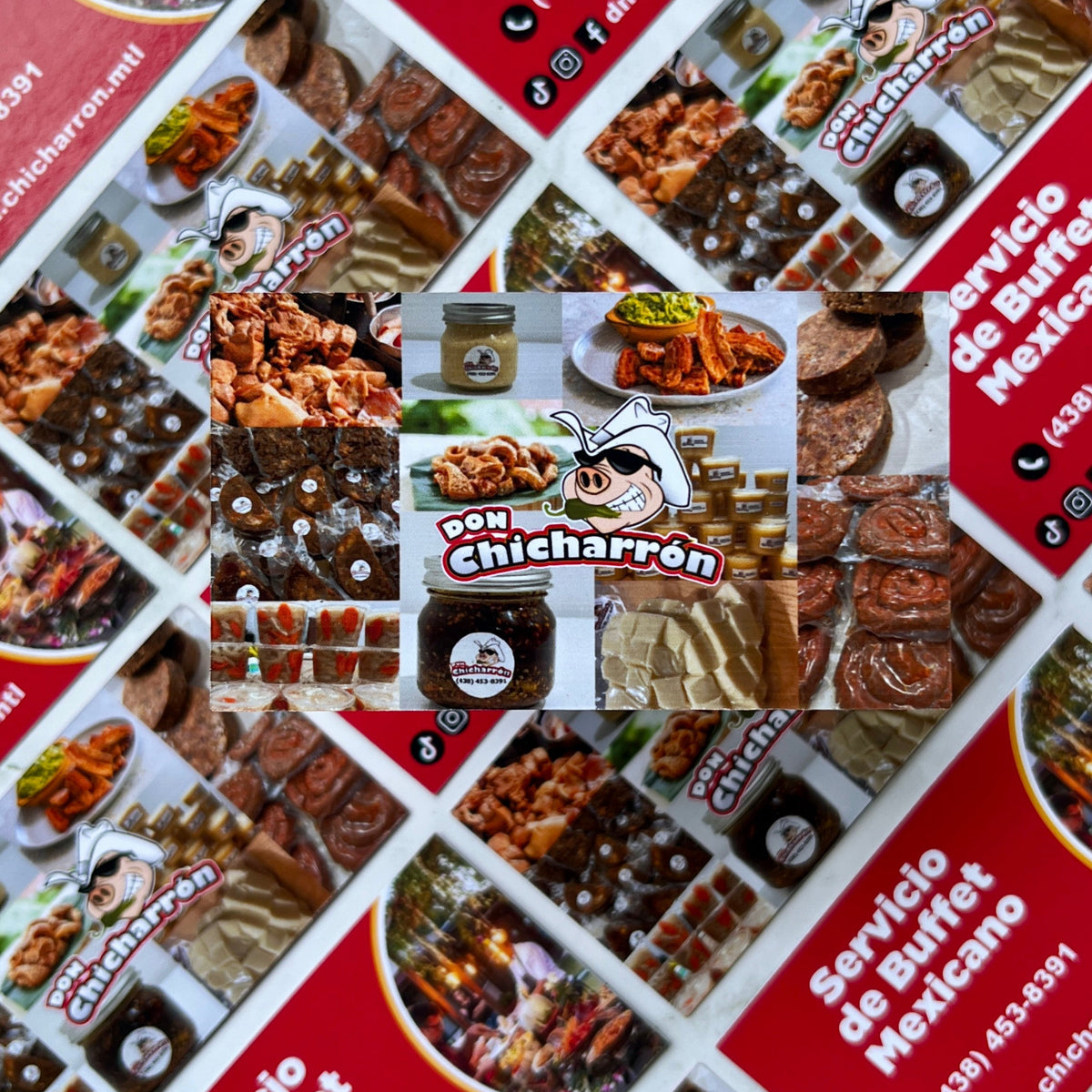 Collage of Mexican buffet service images with red and white text on a marble surface.