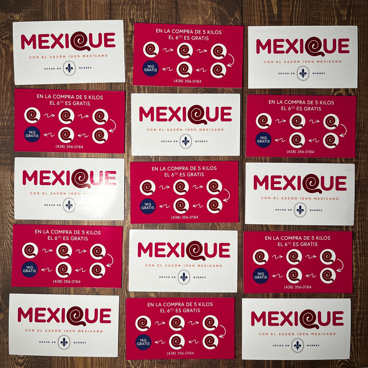 Grid of 'Mexique' themed packaging on a wooden surface
