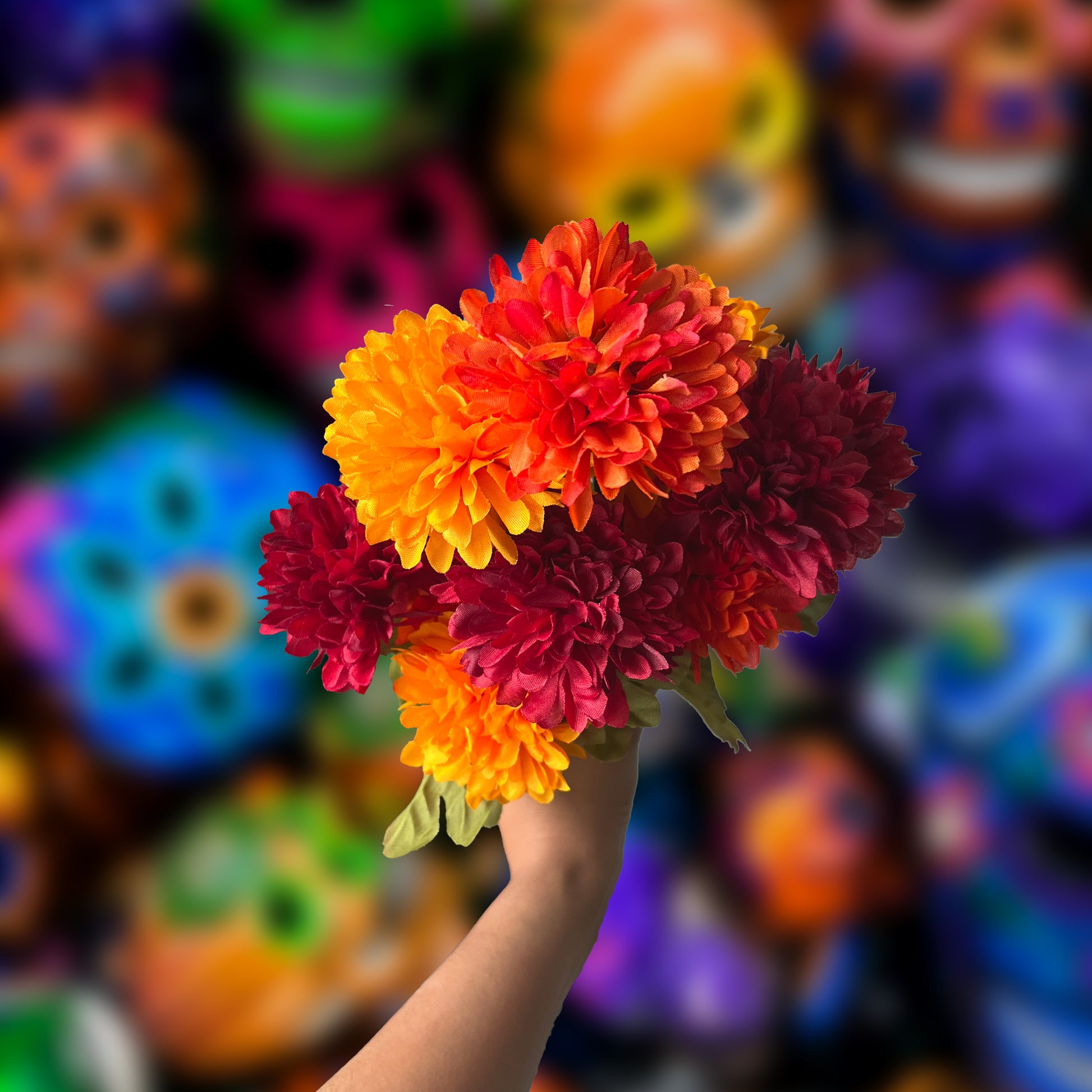 Bunch of assorted marigold/cempasúchil from side view