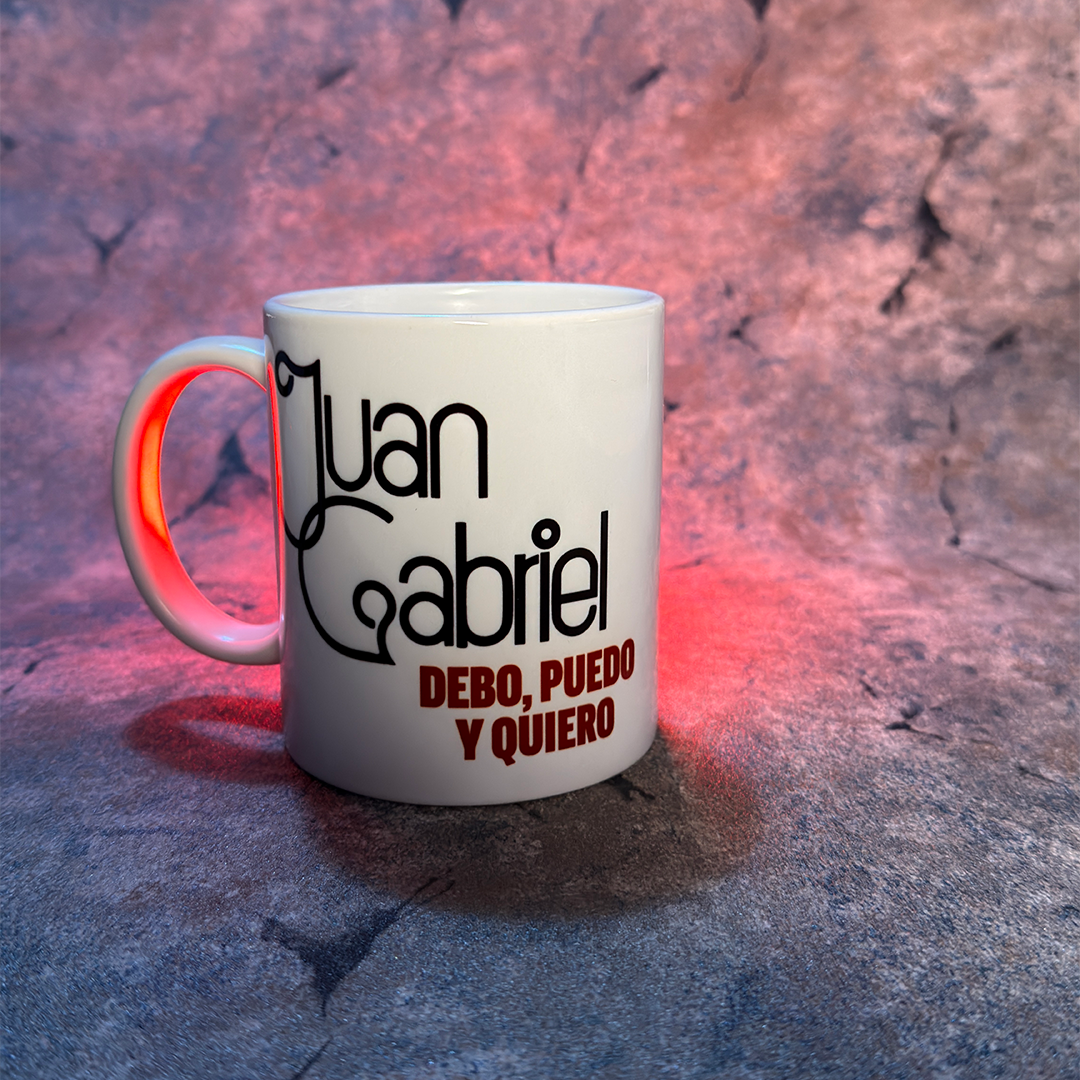 White mug with text on a textured surface