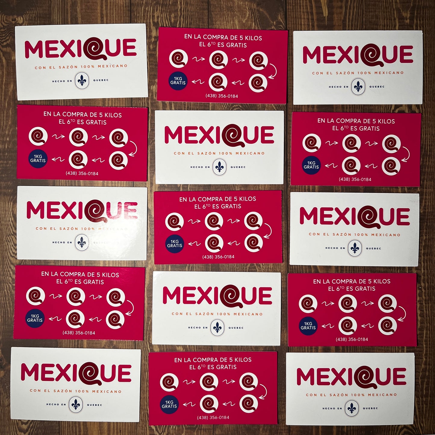 Grid of 'Mexique' themed packaging on a wooden surface