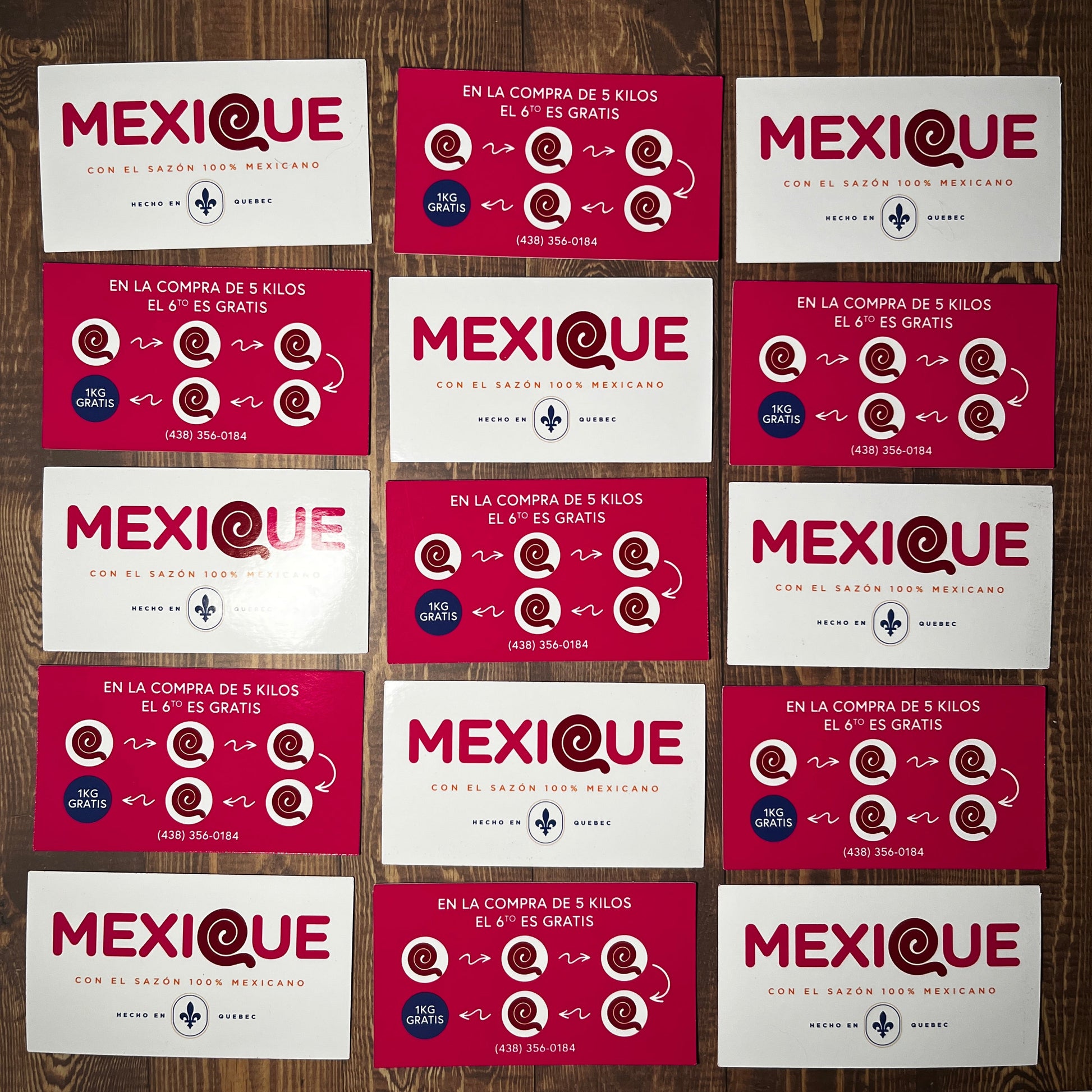 Grid of 'Mexique' themed packaging on a wooden surface