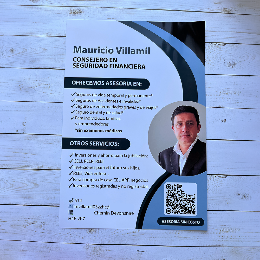 Flyer for Mauricio Villamil, a financial advisor, on a wooden surface.