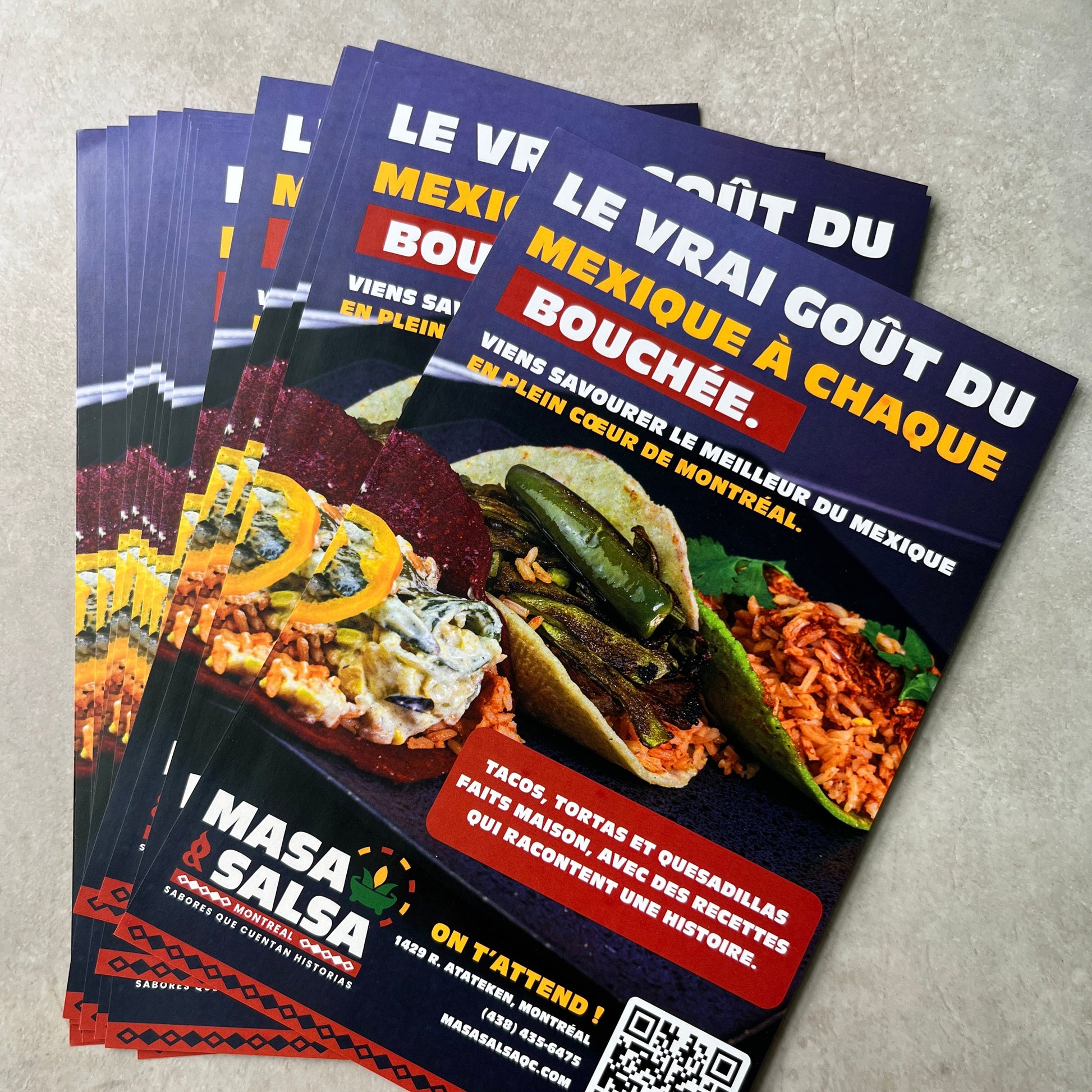 Colorful restaurant menu flyer with food images and text on a textured surface