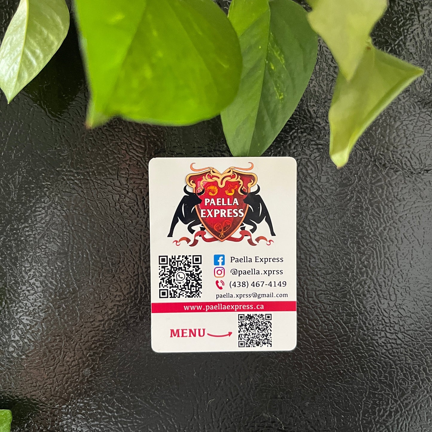 Magnet with a logo and QR code on a textured black surface with green leaves.