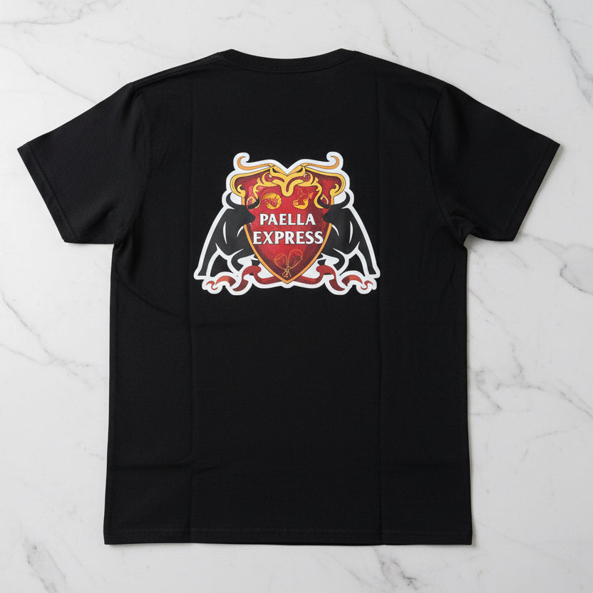 Black t-shirt with a 'Paella Express' logo on a wooden surface