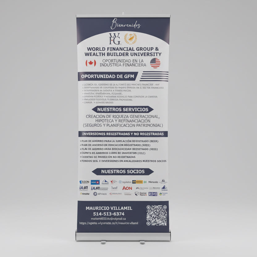 Roll-up banner for World Financial Group and Wealth Builder University displayed indoors.