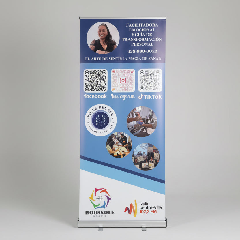 Promotional banner with contact information and social media icons on a wooden surface.