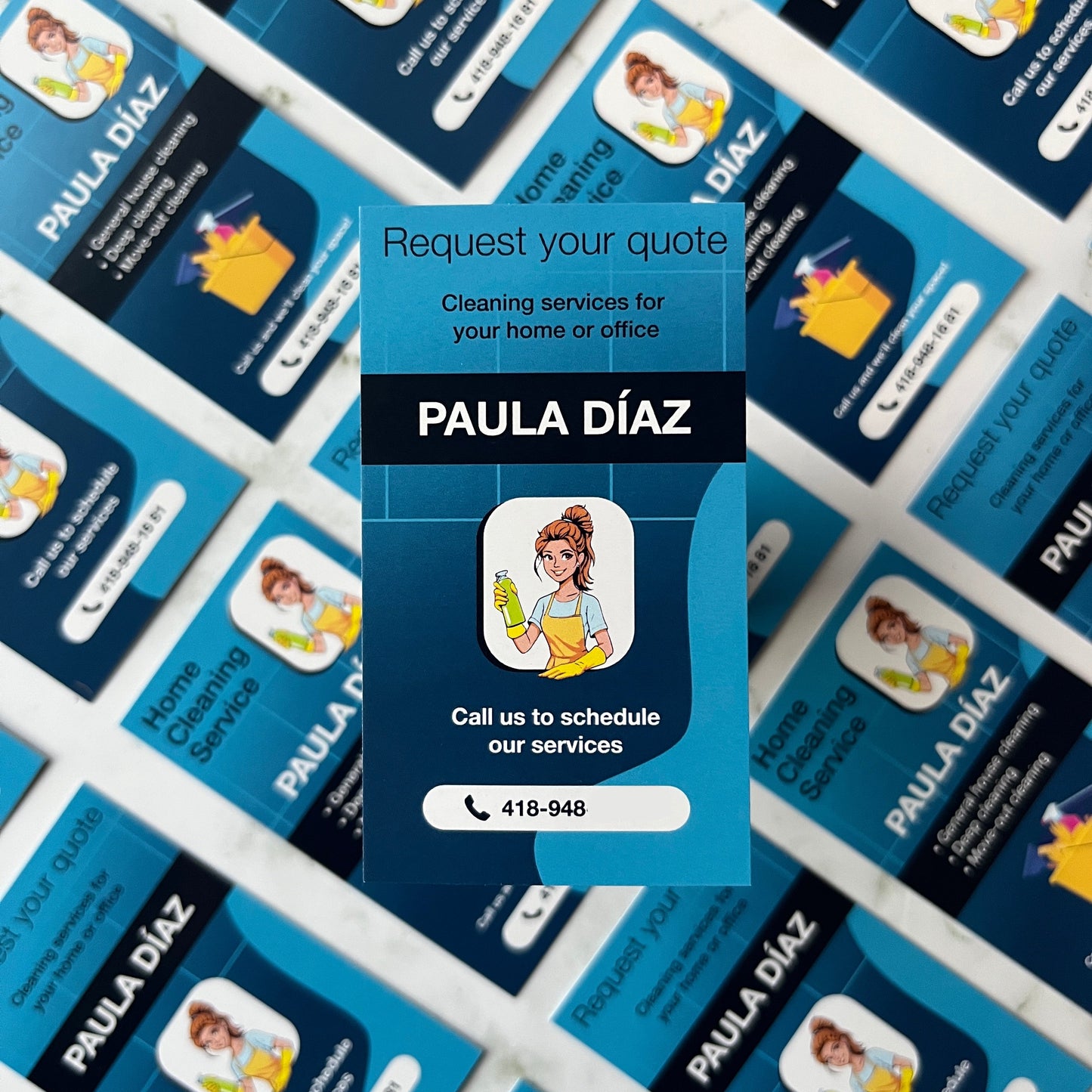 Collection of business cards with a focus on 'Paula Diaz' design.