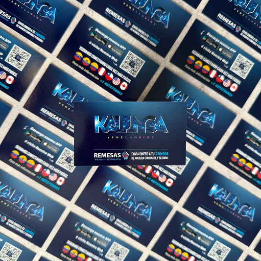 Multiple business cards with 'Kaldnica' and 'Remesas' branding on a grid background.
